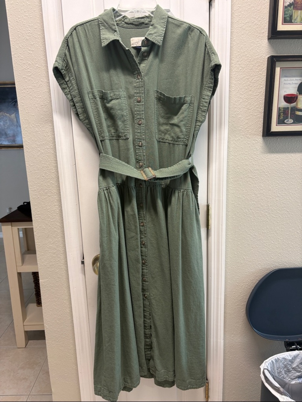 Universal Thread Olive Green Button-Front Maxi Shirt Dress with Tie Belt